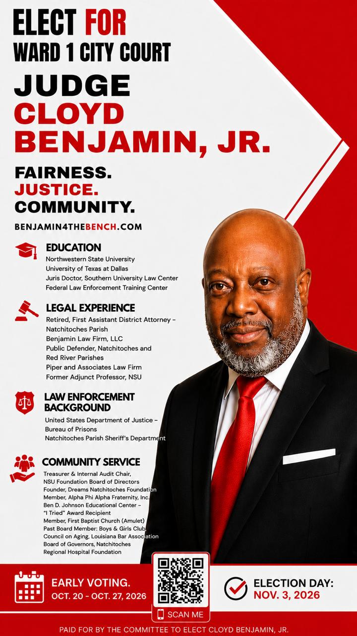 Campaign flyer for Cloyd Benjamin, Jr. for Ward 1 City Court Judge