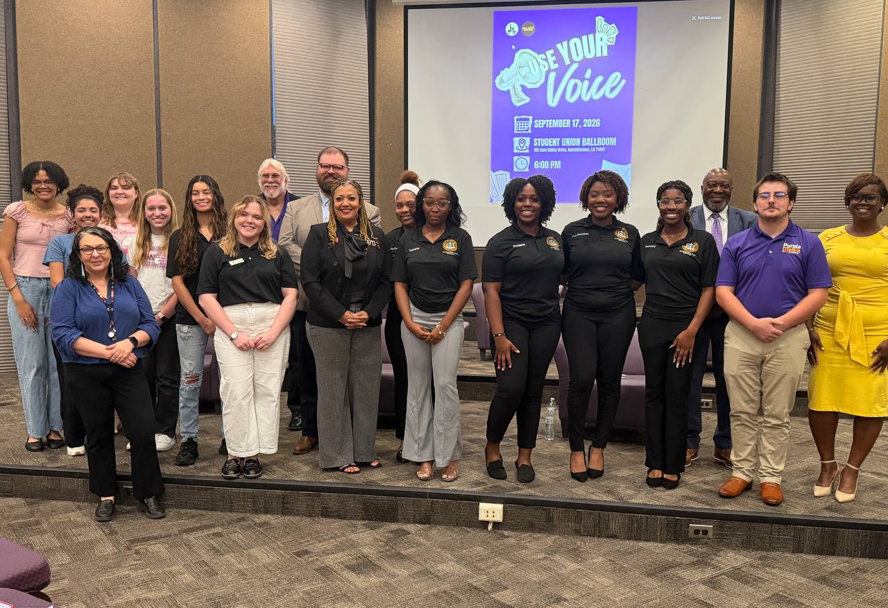 Group photo from the Use Your Voice forum at Northwestern State University